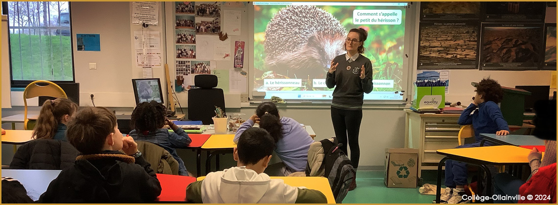 Photo lors de la conférence Faune Essonne pour le collège d'Ollainville animée par Sabine Carlach